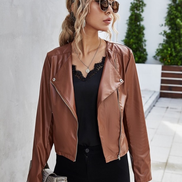 Vegan Leather Moto Jacket with Zipper